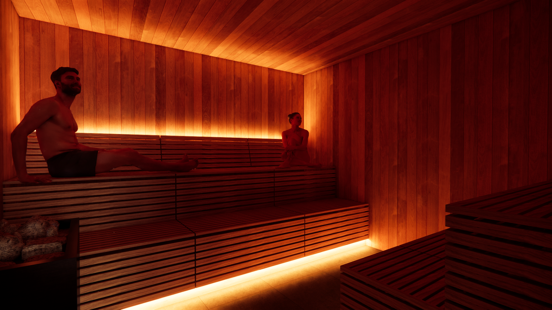 Cedar-clad retreat sauna — dim, quiet, genuinely hot.